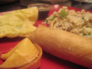 Veggie dumplings, veggie fried rice, veggie egg roll & a fortune cookie